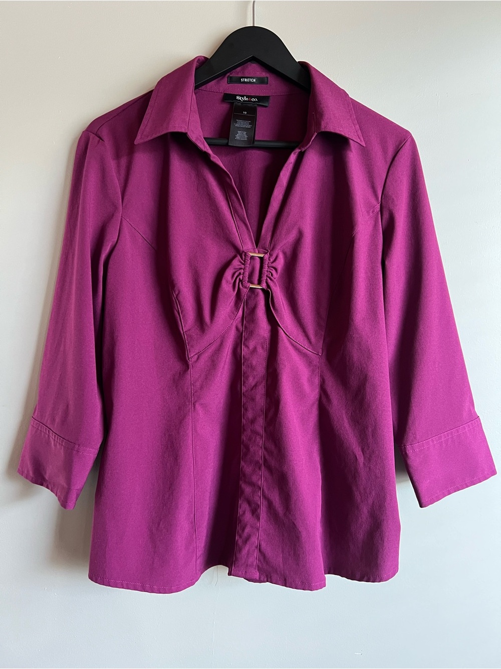 Style & Co Magenta Stretch Blouse Women’s Size 10 3/4 Sleeve Buckle Career Top